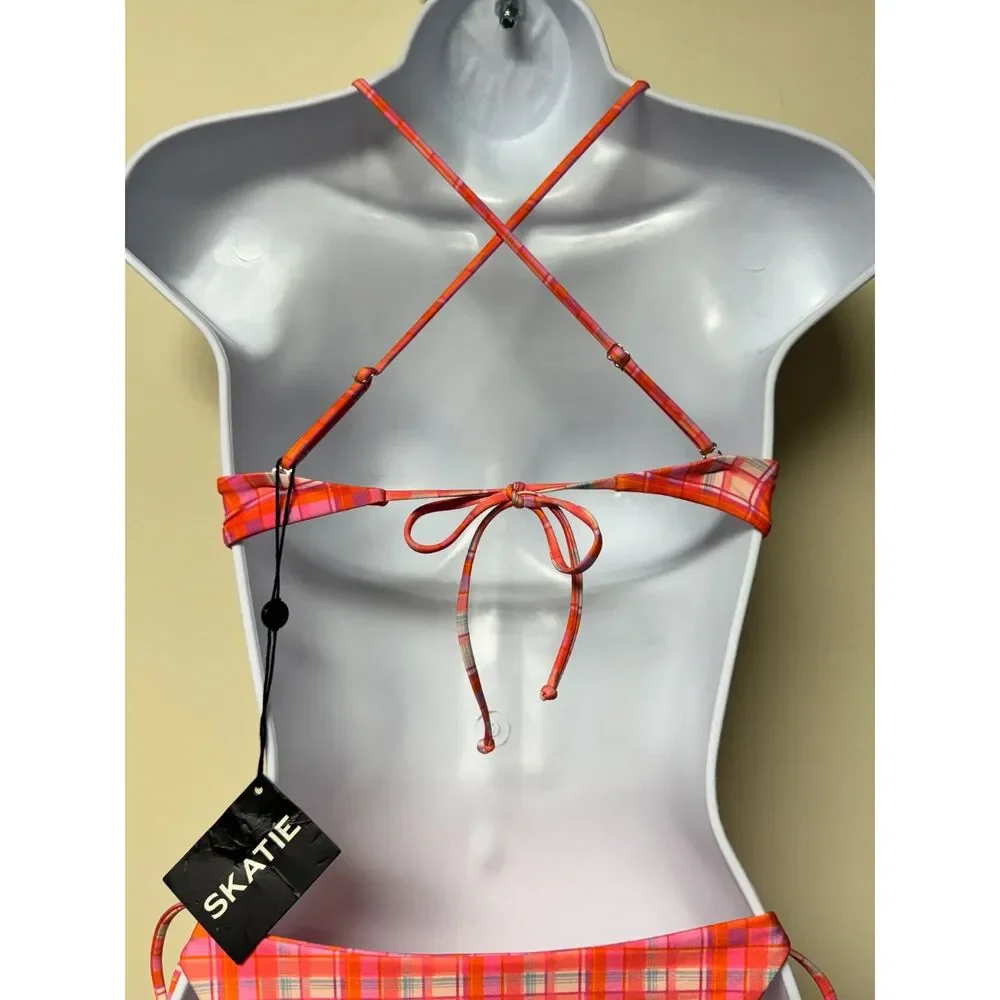 NWT - SKATIE Eco-Friendly Sugar Magnolia Vibrant Pink/Orange Plaid Bikini, Sz S